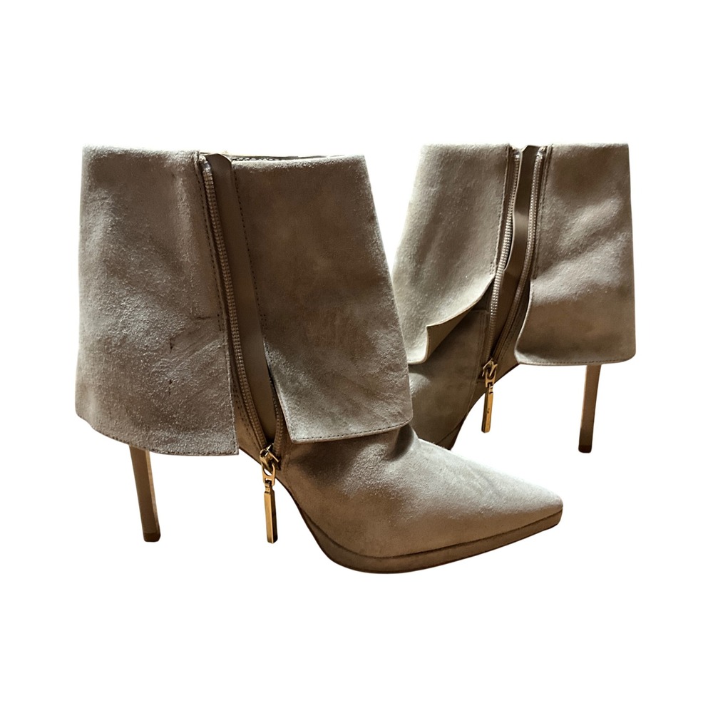 Steve Madden Renee Taupe Suede Fold Over Pointed Toe Stiletto Ankle Boots 7M